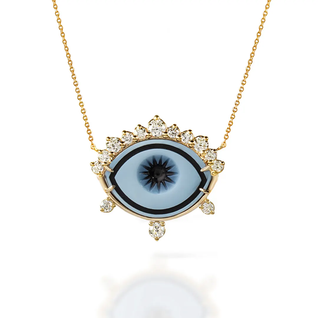 Cycladic Talisman 14K Gold Necklace with Cameo Eye and Diamond Crown