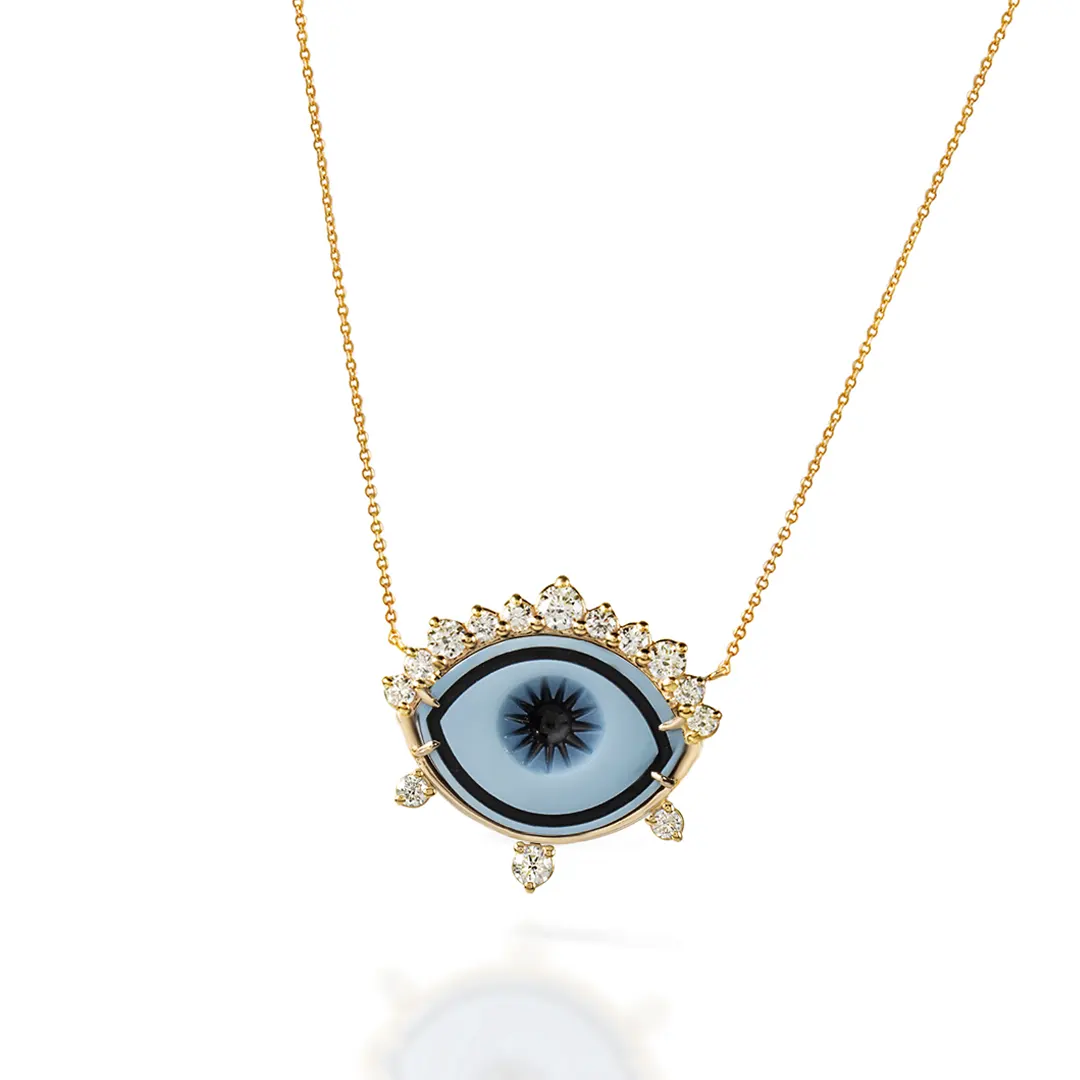 Cycladic Talisman 14K Gold Necklace with Cameo Eye and Diamond Crown - Image 2