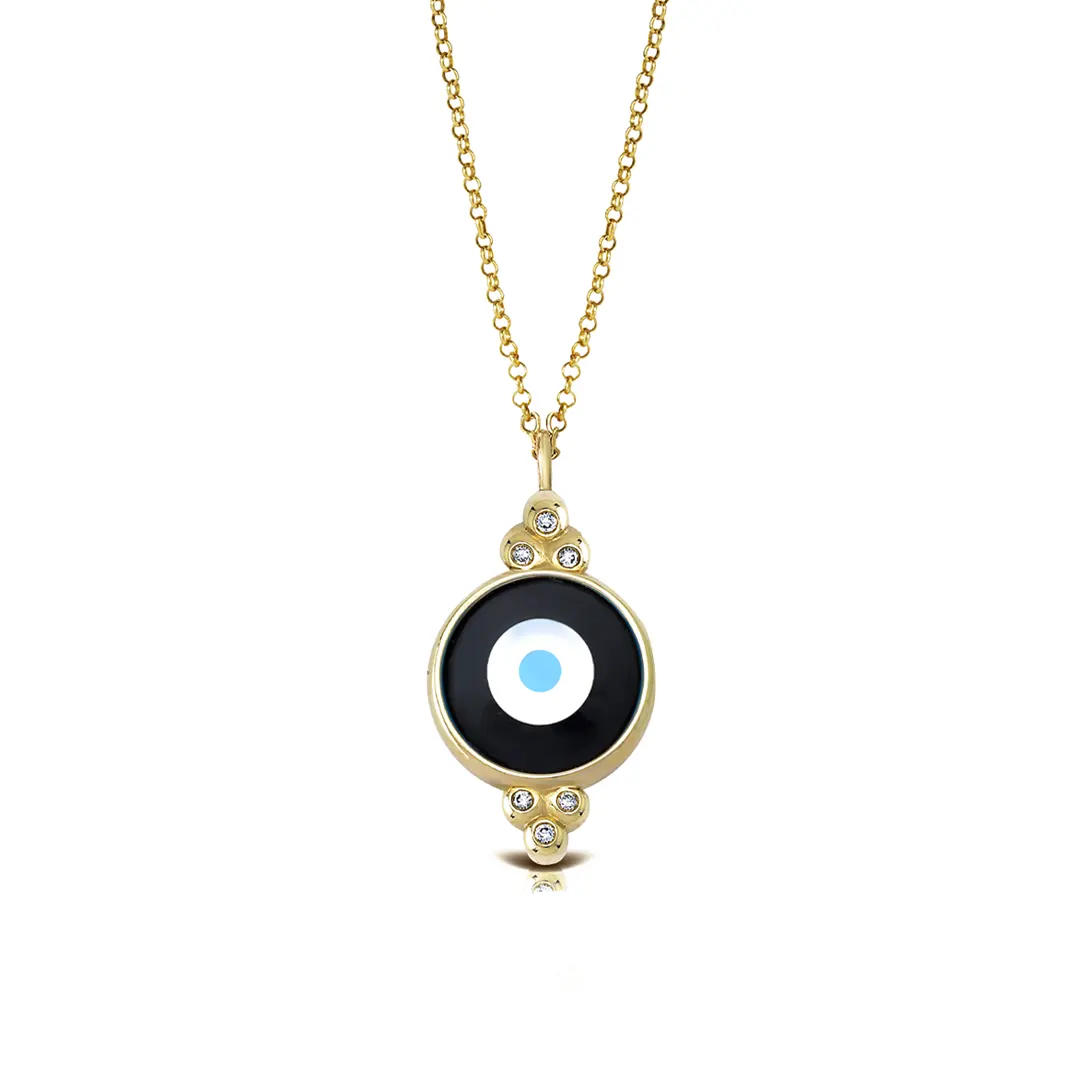 Round Evil Eye 14K Gold Necklace with 6 Diamonds