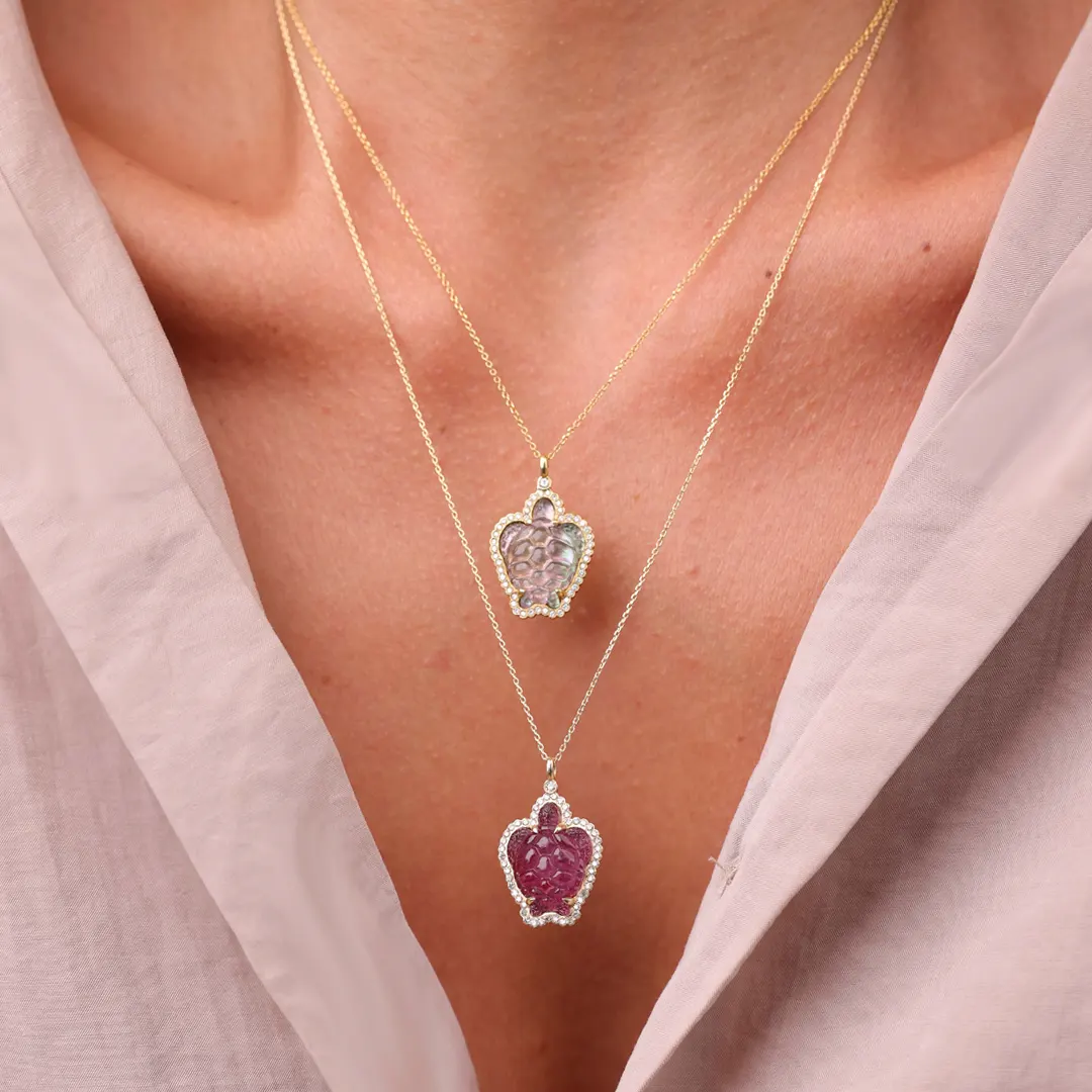 14K Gold Turtle Necklace with Grey Mother of Pearl and Diamonds - Image 4