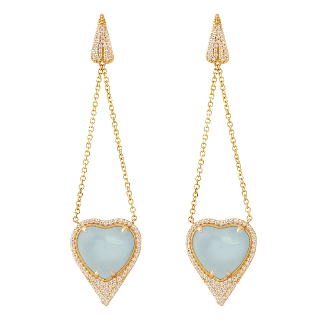 Heart Shaped Aquamarine 14K Gold Long Earrings surrounded by  Diamonds