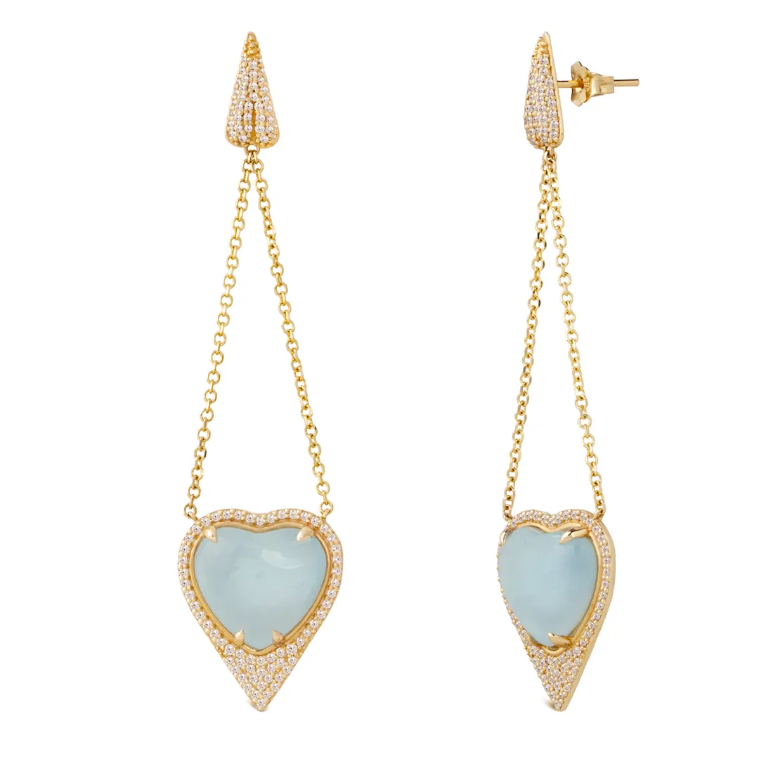 Heart Shaped Aquamarine 14K Gold Long Earrings surrounded by  Diamonds - Image 2