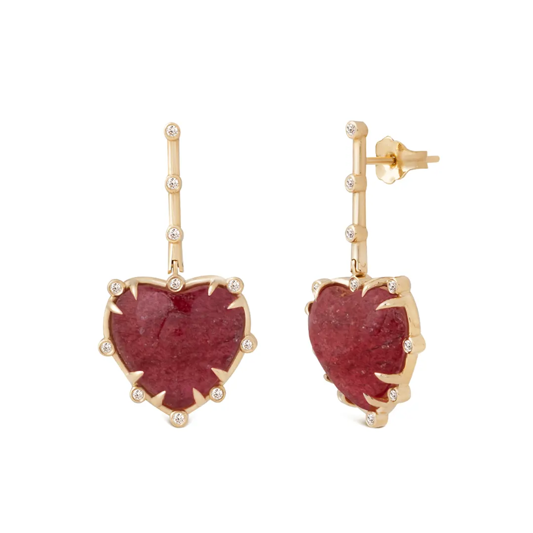 Heart Shaped Strawberry 14K Gold hanging Earrings with Diamonds - Image 2