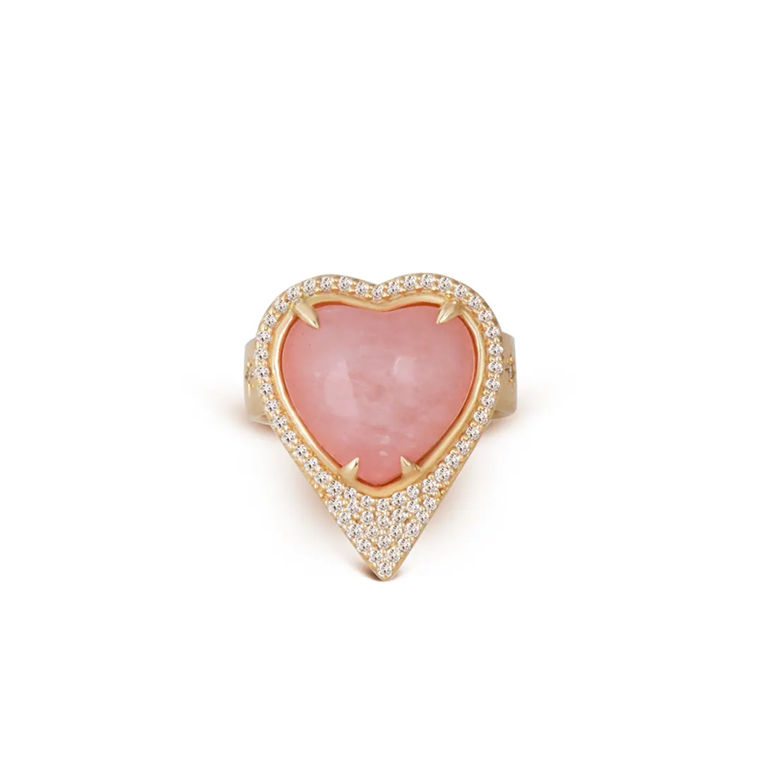 Morganite Heart Shaped, 14K Gold Thick Band Ring  surrounded by Diamonds