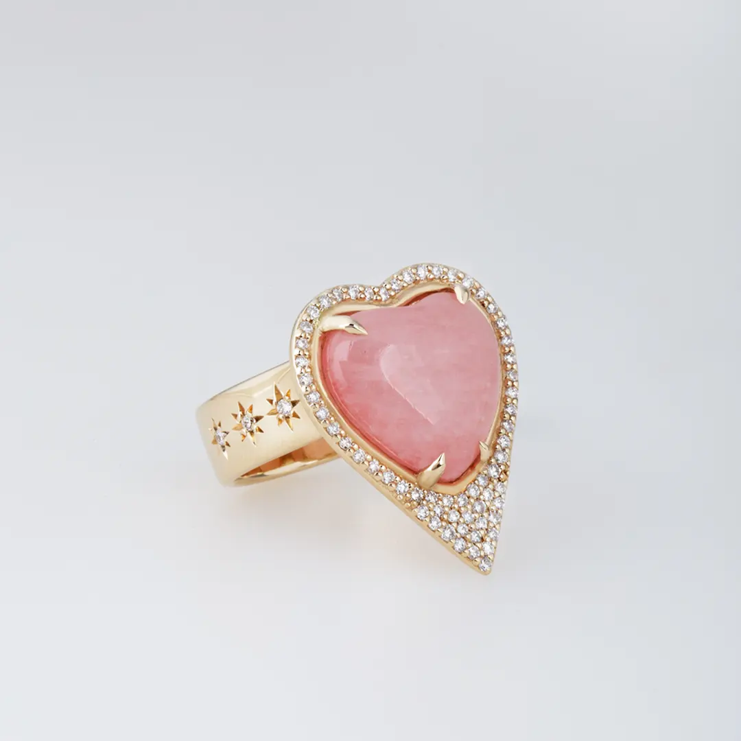 Morganite Heart Shaped, 14K Gold Thick Band Ring  surrounded by Diamonds - Image 2