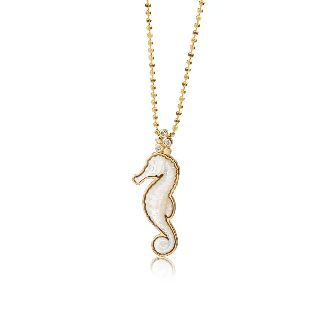 14K Gold Seahorse Necklace with Mother of Pearl and Diamonds - Image 2