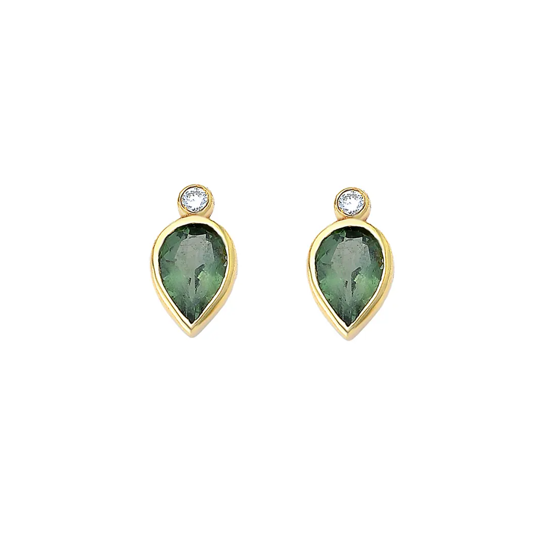 14K Gold Pear Shaped Light Green Tourmaline and Diamond Earrings