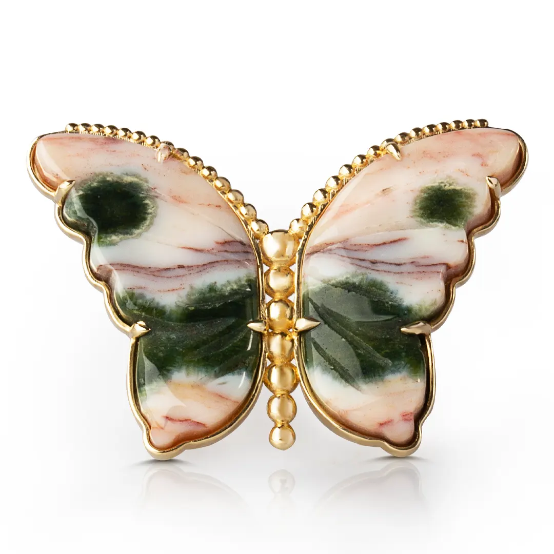14K Gold Butterfly Ring with Pink and Green Agate and Gold Dots - Image 2