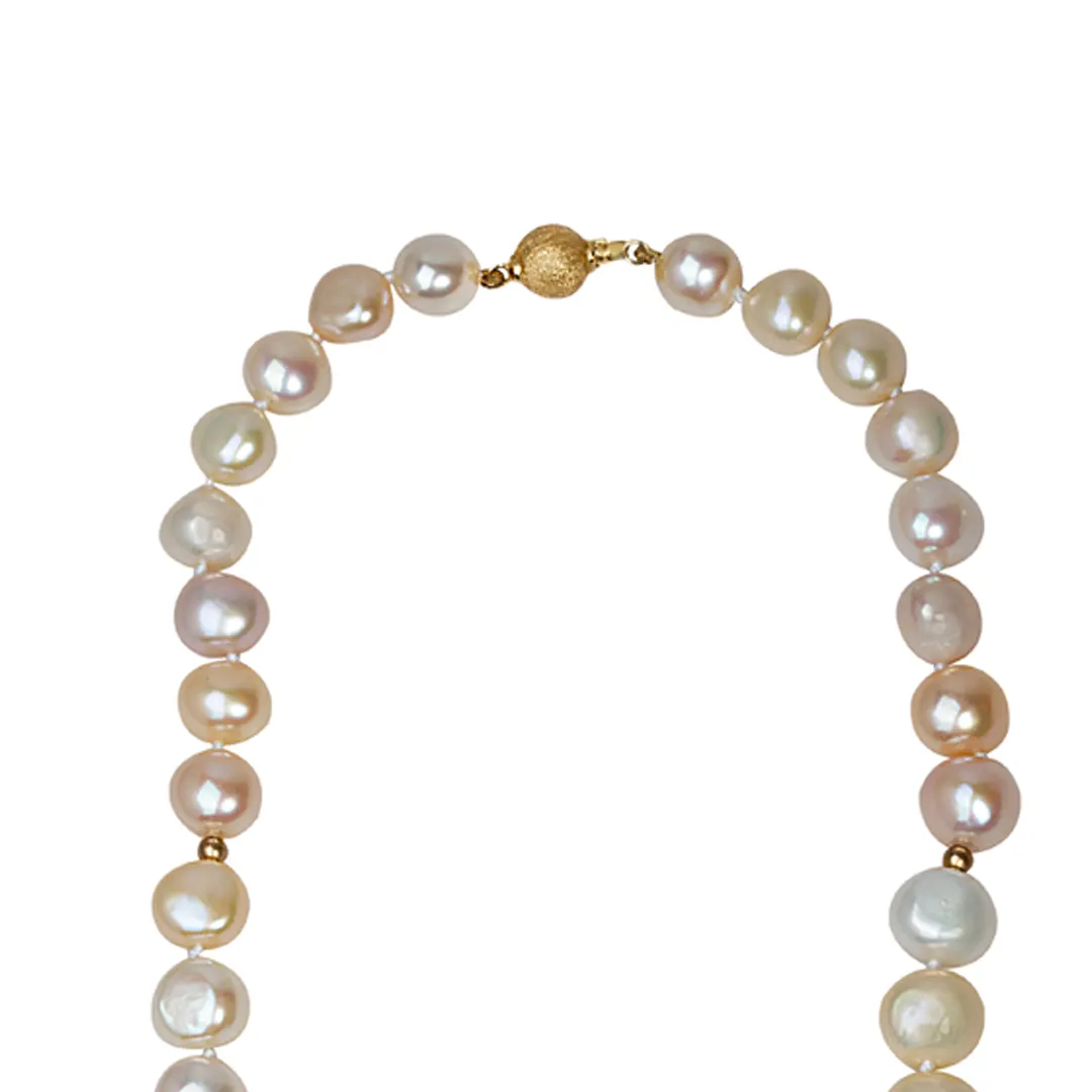 Rope Baroque Pearl Necklace in mixed pink pearl shades with 14K Gold dot details and closure - Image 3