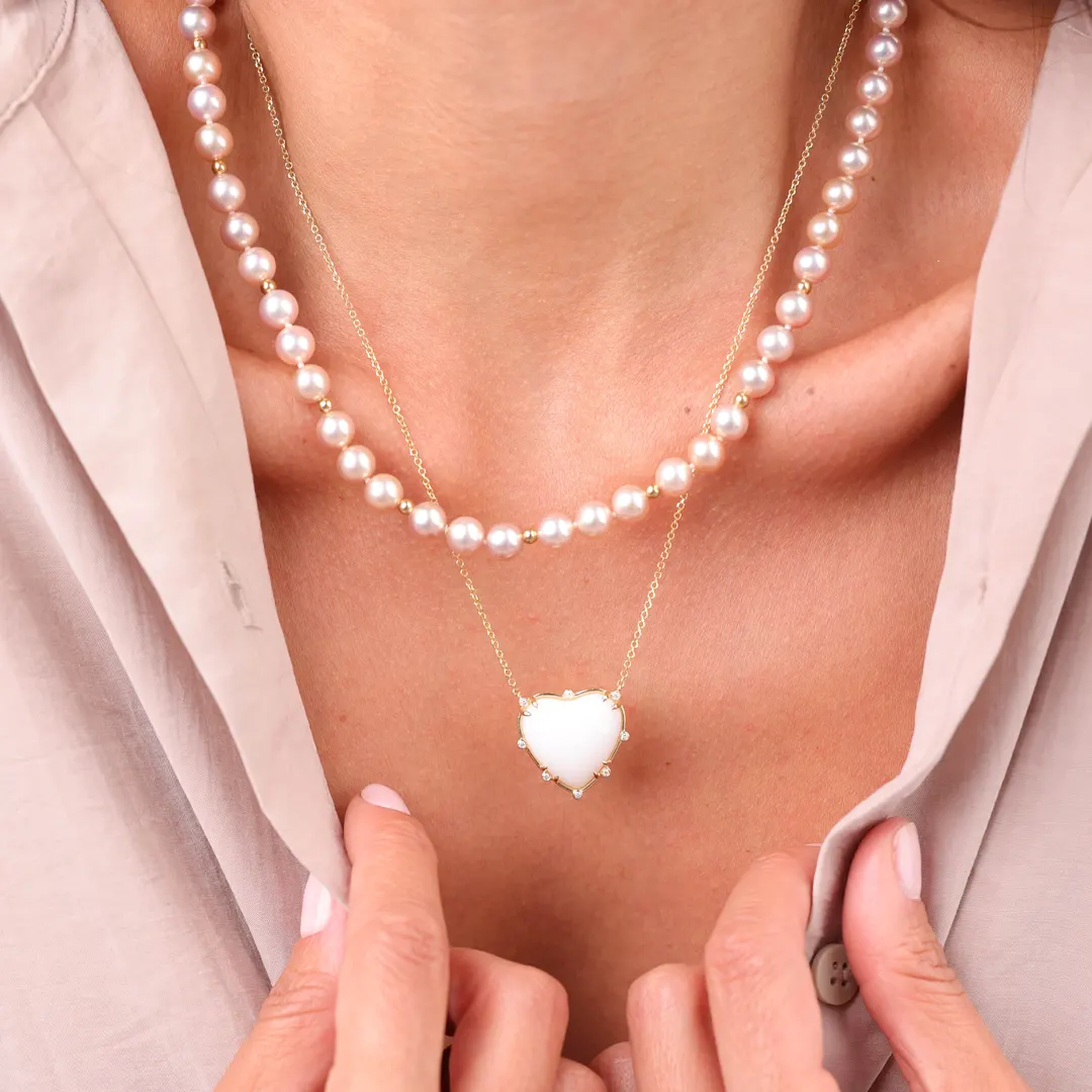 Rope Dusty Pink Pearl Necklace with 14K Gold dot details and closure