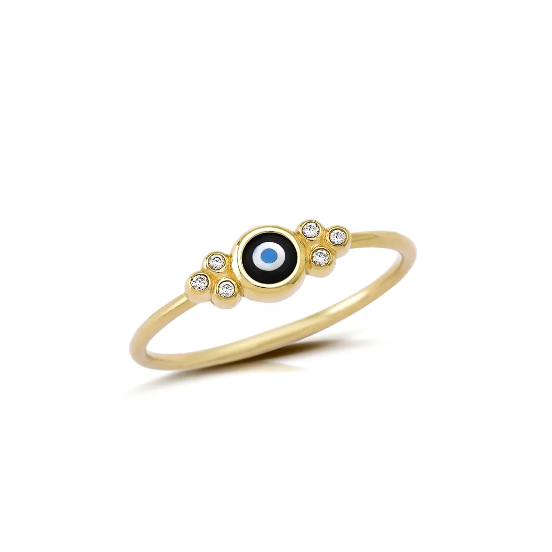 Round Evil Eye 14K Gold Ring with 6 Diamonds - Image 2