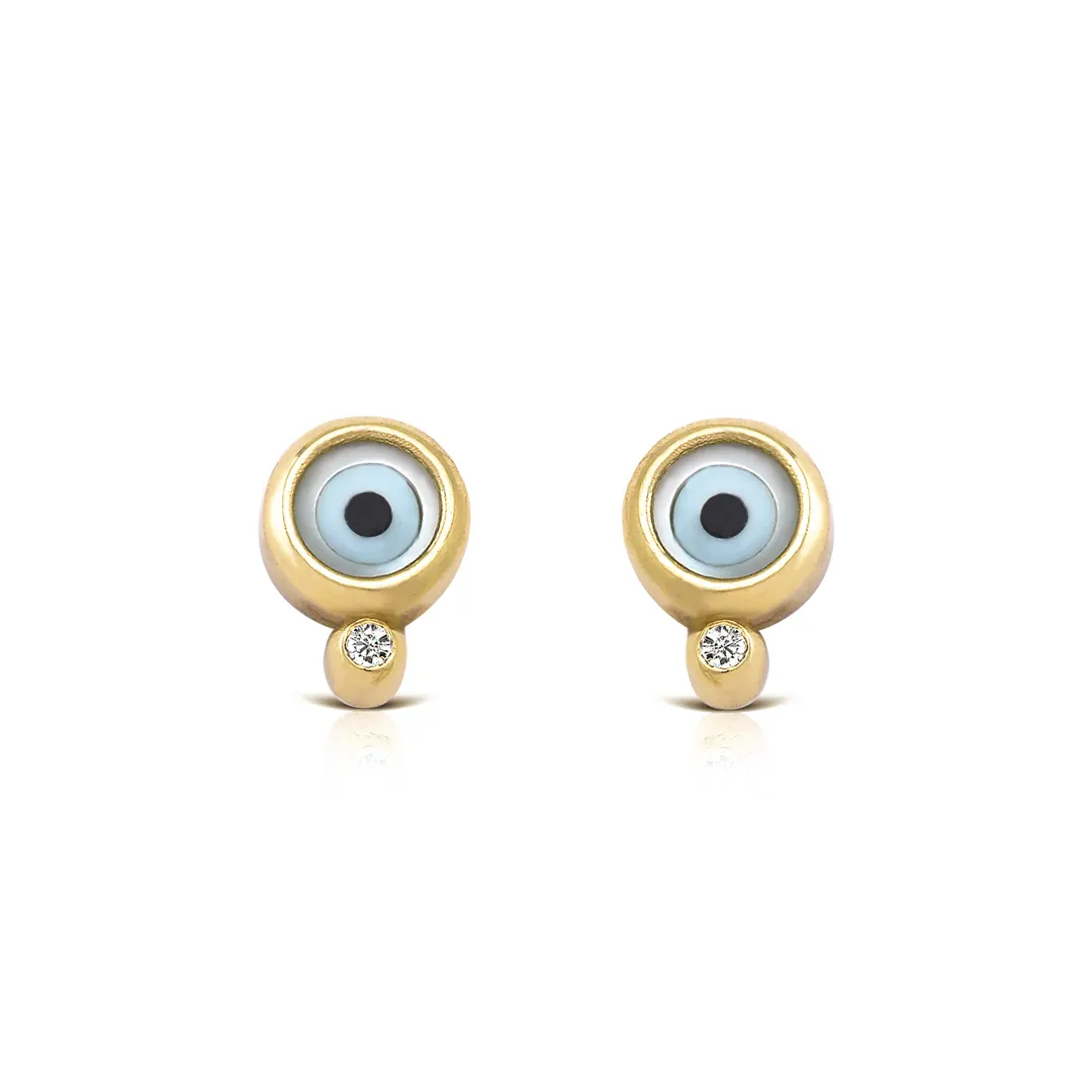 Round Evil Eye 14K Gold Tiny Earrings with Diamond - Image 2