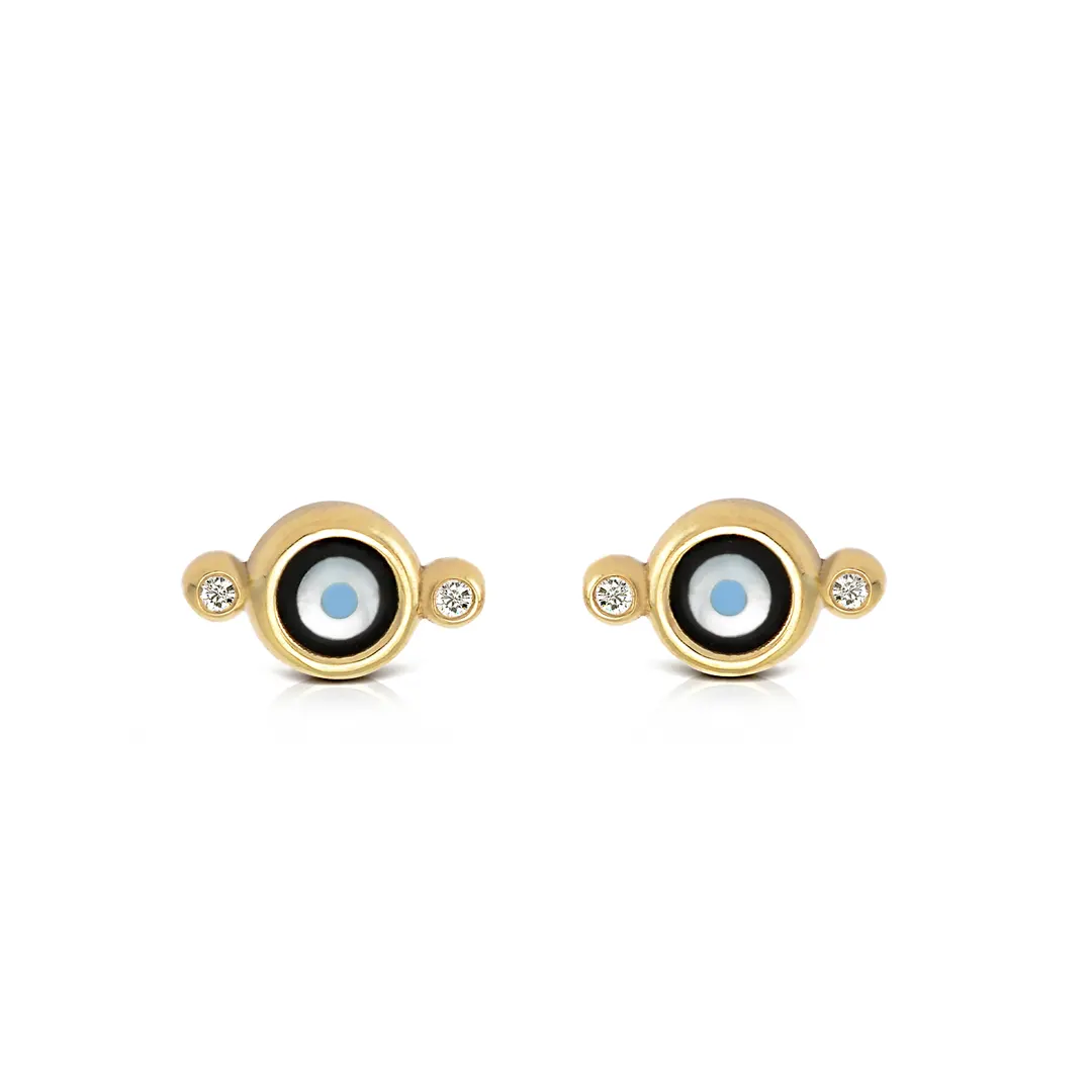Round Evil Eye 14K Gold Tiny Earrings with 2 Diamonds - Image 2