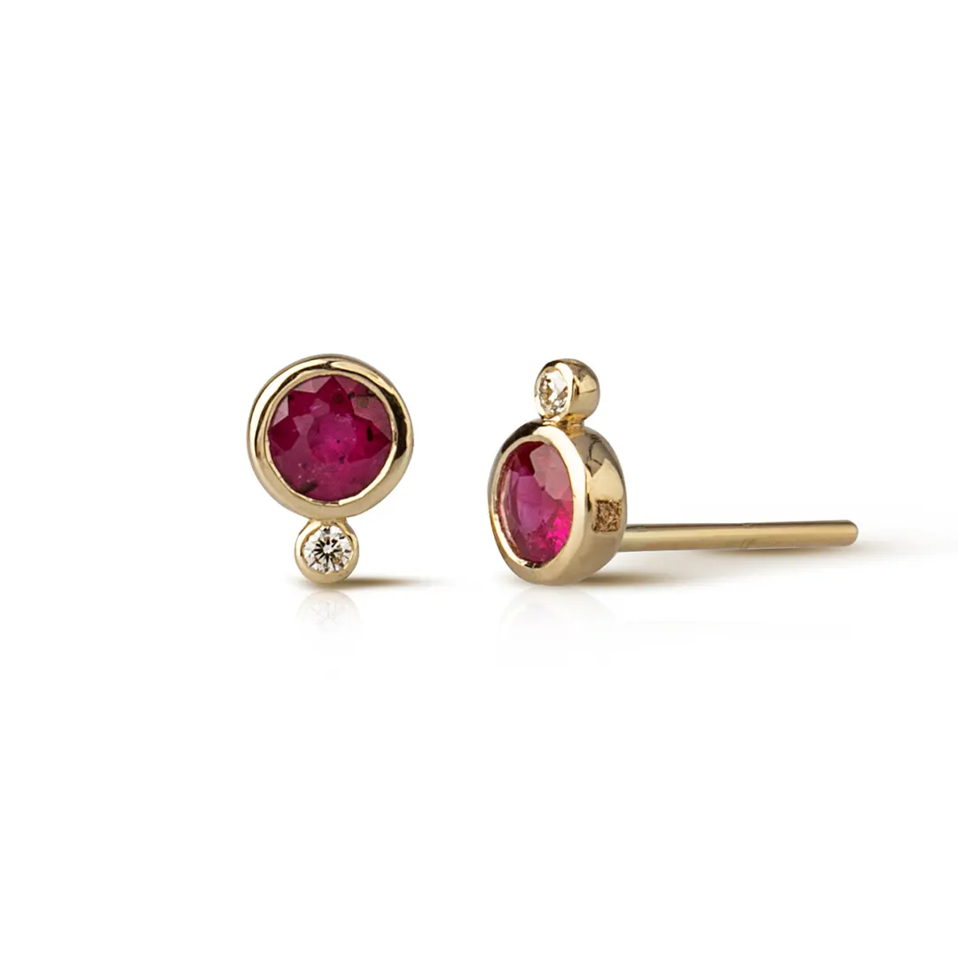 14K Gold Round Ruby and Diamond Earrings - Image 2