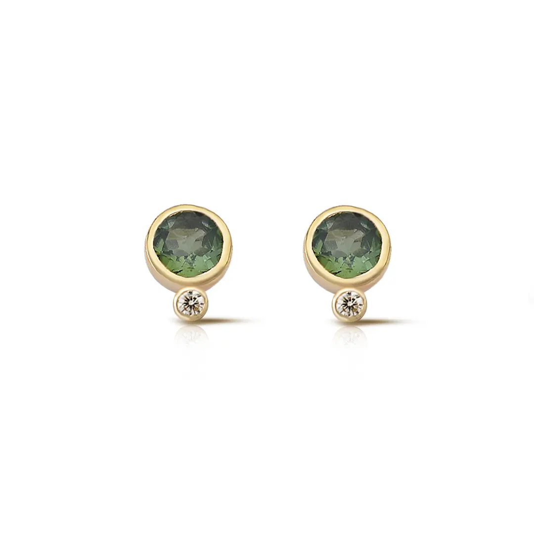 Round Shaped Light Green Tourmaline Earrings with Diamond