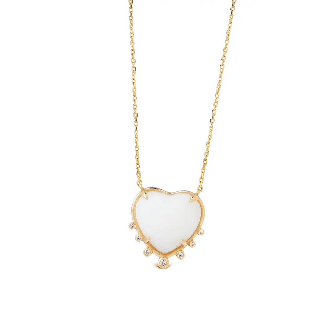 Small Heart Shaped White Agate 14K Gold Necklace with 7 Diamonds - Image 2