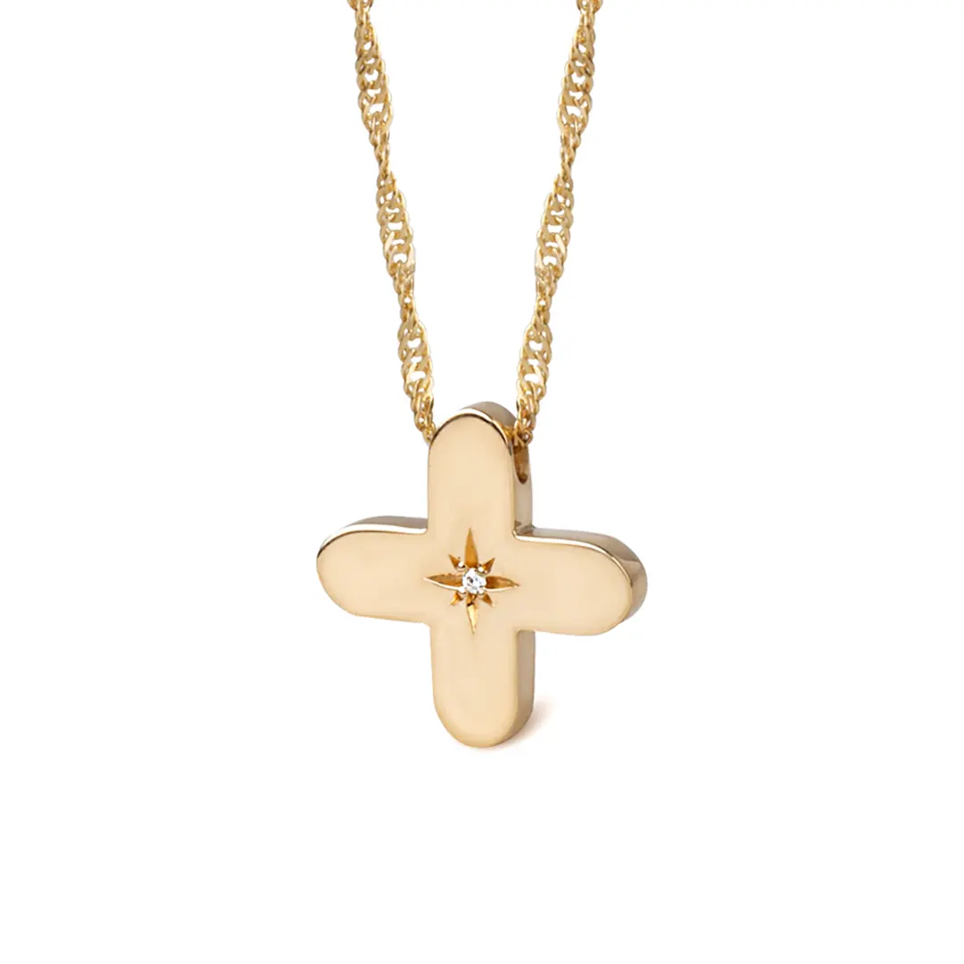 Squared Curved Edges Gold Diamond Star Cross Pendant