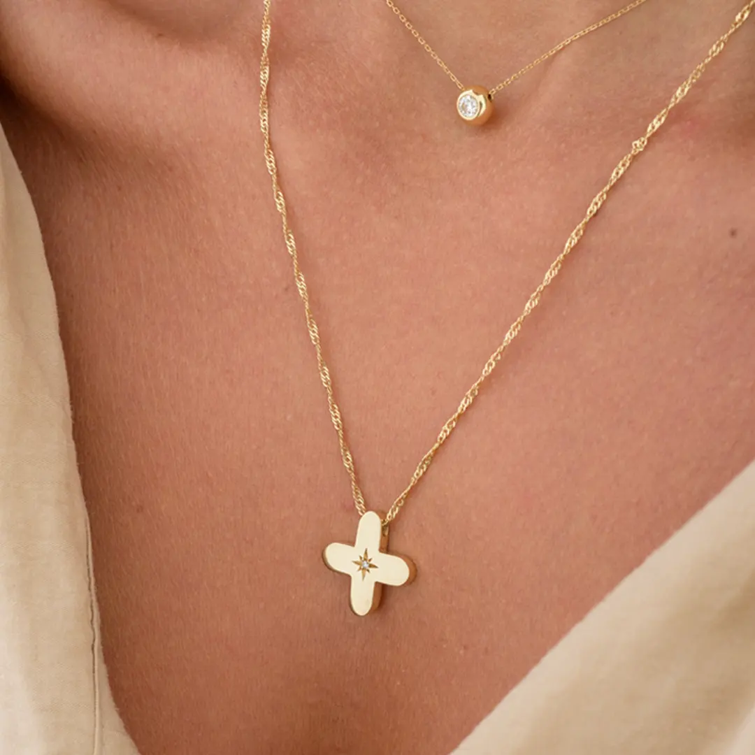 Squared Curved Edges Gold Diamond Star Cross Pendant - Image 2