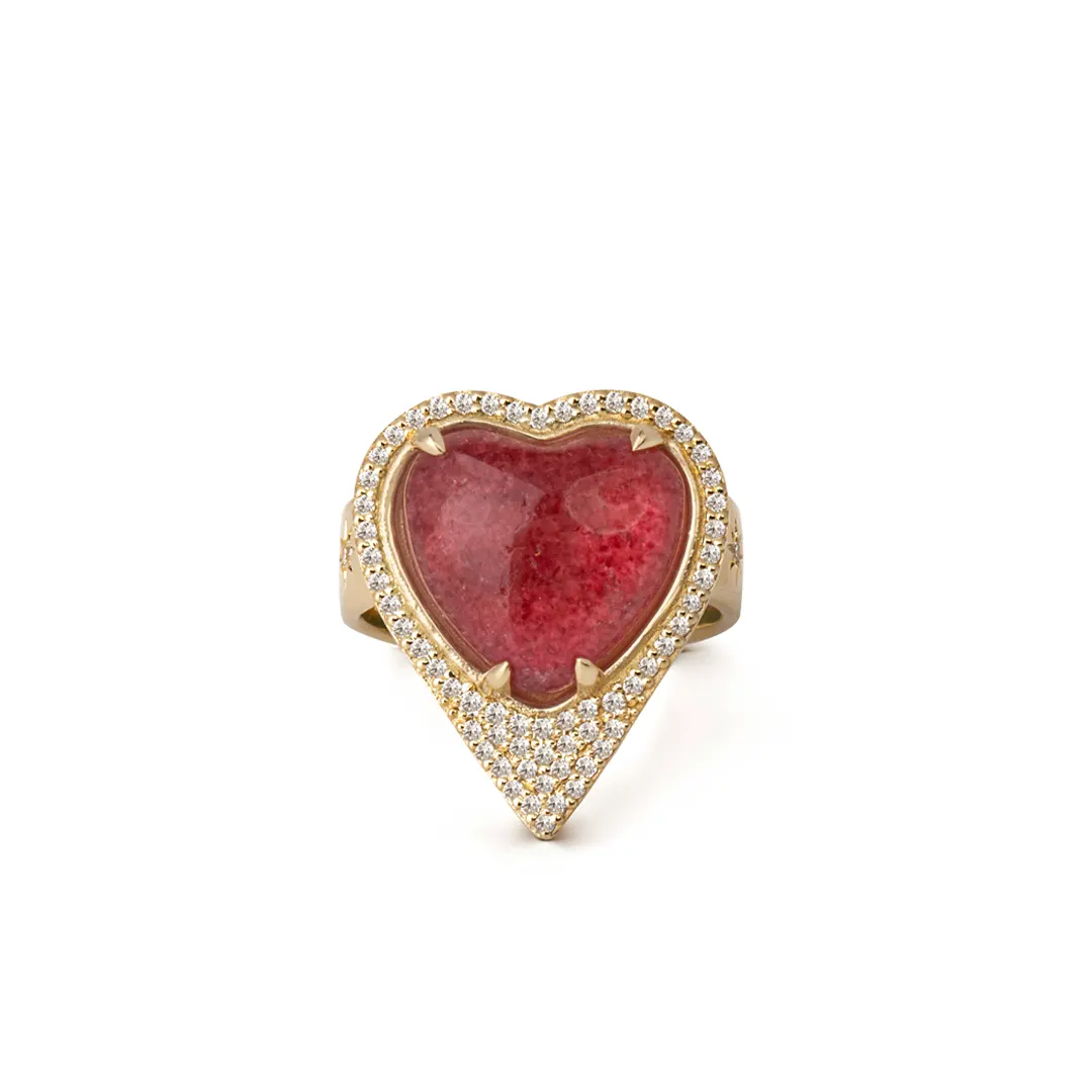 14K Gold Strawberry Heart-Shaped Thick Band Ring  surrounded by Diamonds