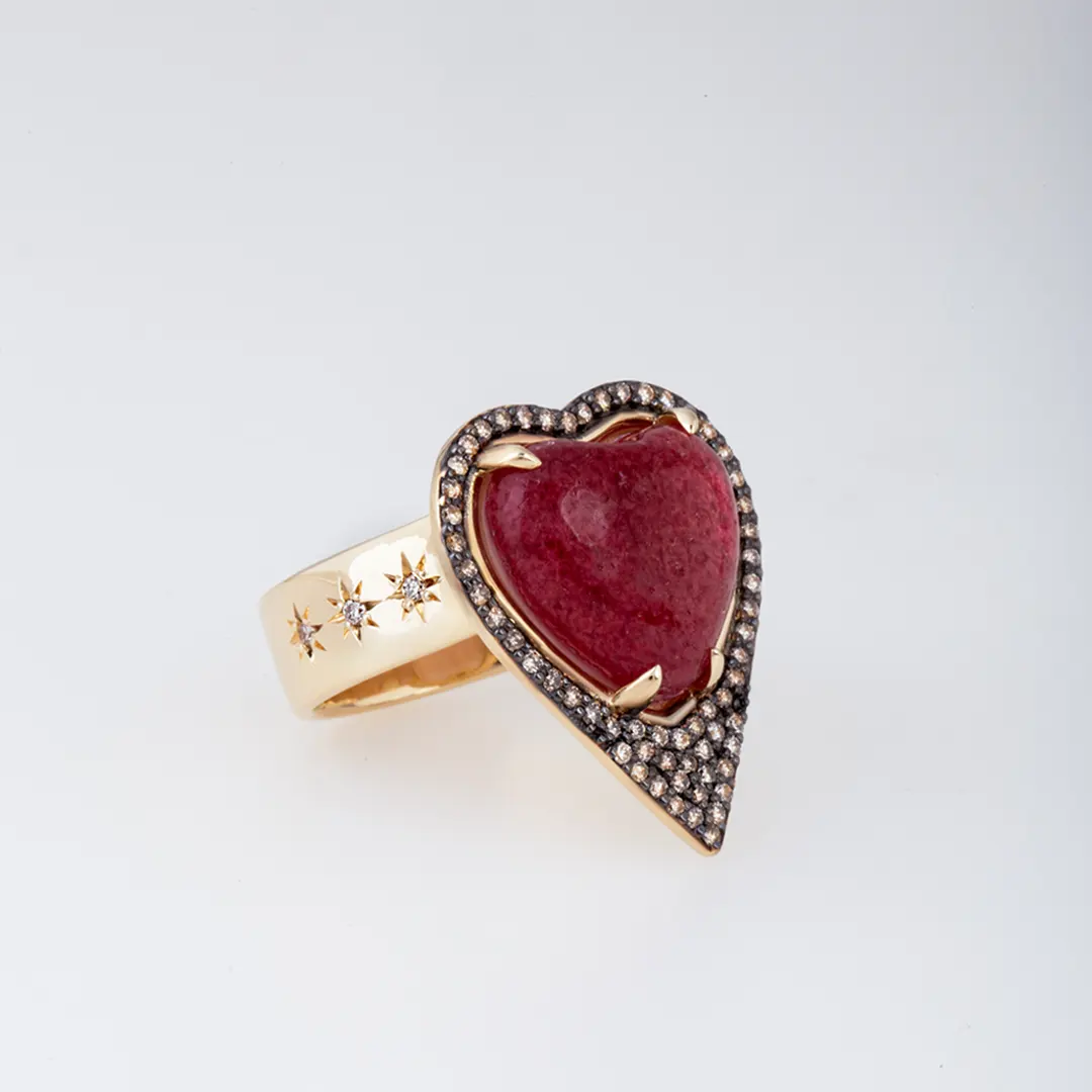 14K Gold Strawberry Heart-Shaped Thick Band Ring  surrounded by Diamonds - Image 2