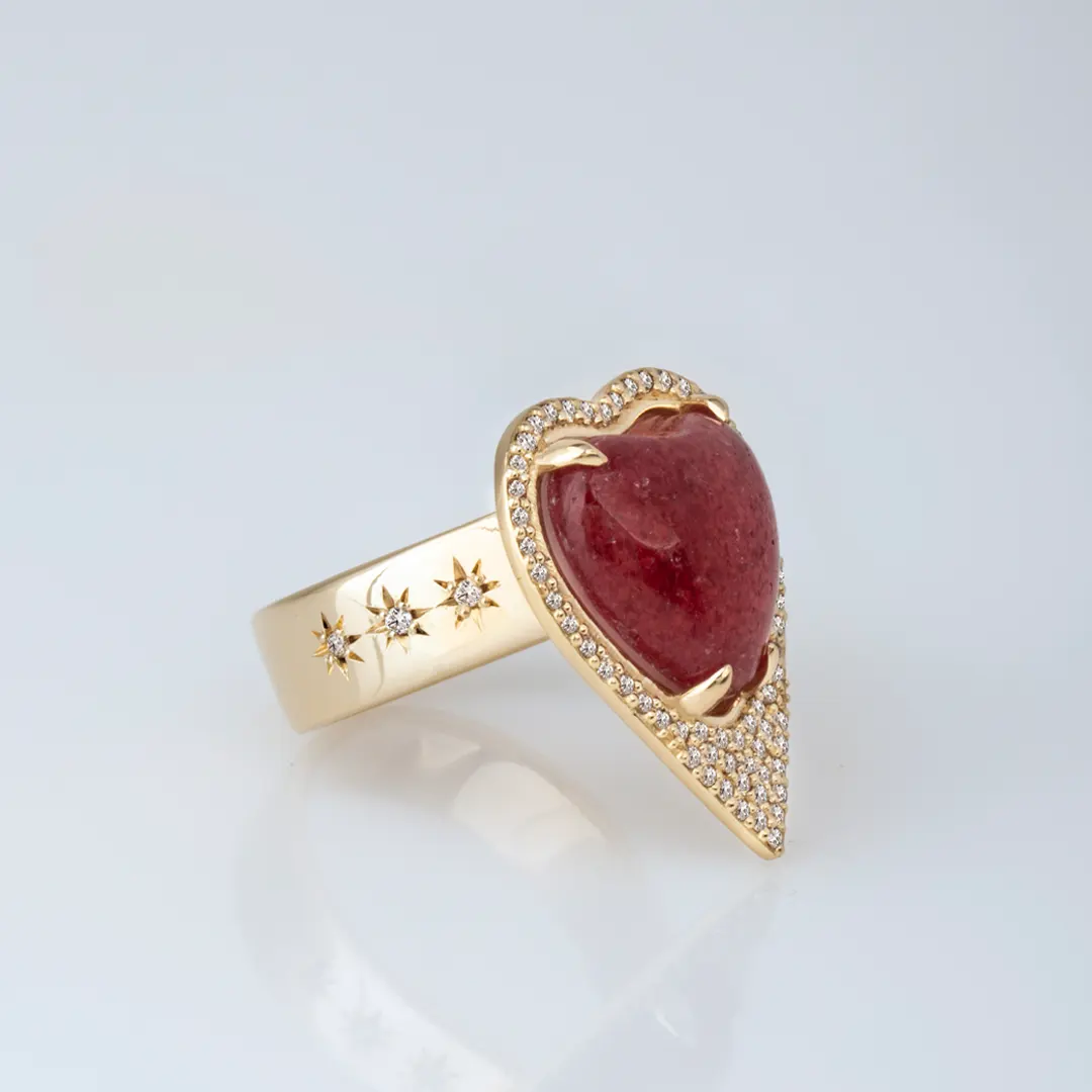 14K Gold Strawberry Heart-Shaped Thick Band Ring  surrounded by Diamonds - Image 3