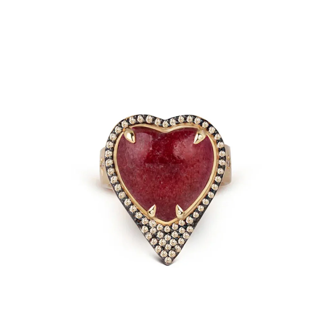 14K Gold Strawberry Heart-Shaped Thick Band Ring  surrounded by Diamonds - Image 4