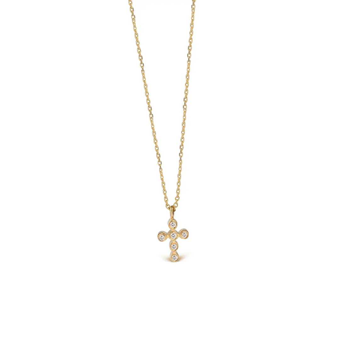Super Tiny Ball Diamond Gold Cross Pendant - Image 2