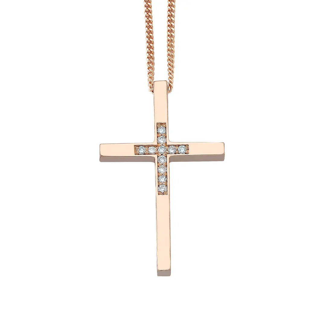 Thin and Tall Gold Cross Pendant Centered with Diamonds - Image 2