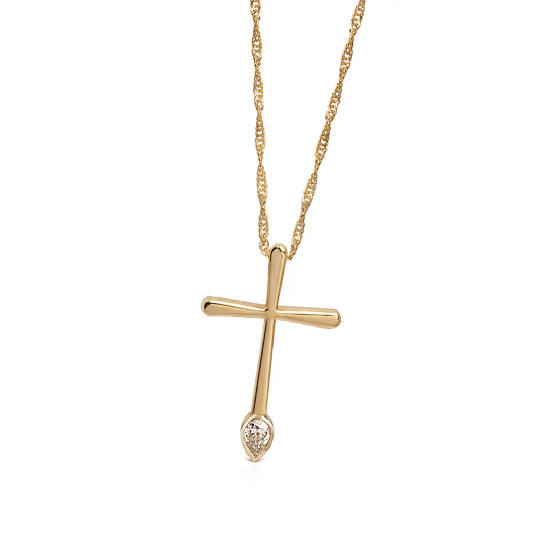 Thin and Tall with Curved Edges Gold Cross with Pear shape Diamond - Image 2