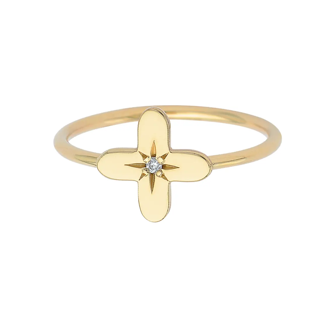 14K Gold Tiny Cross Diamond Star Ring - Image 2