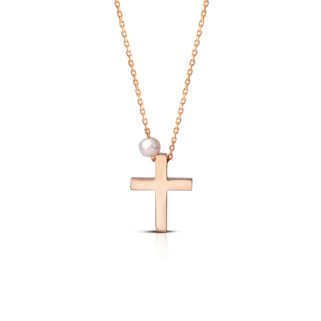 Tiny Gold Cross Pendant with Freshwater Pearl or plain - Image 2