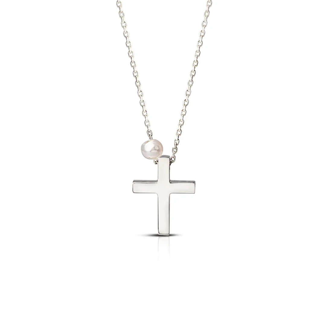Tiny Gold Cross Pendant with Freshwater Pearl or plain - Image 3