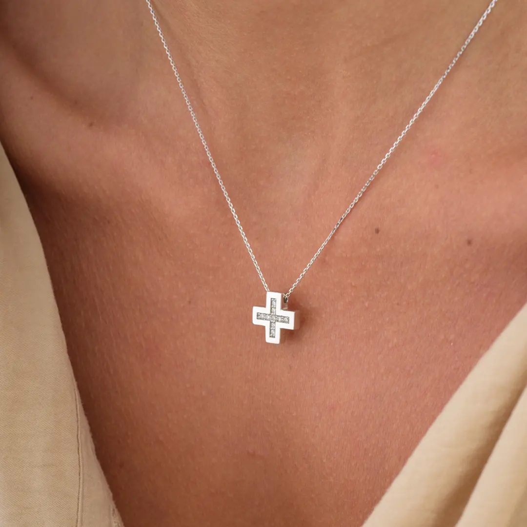 Tiny Squared Diamond Gold Cross Pendant - Image 2