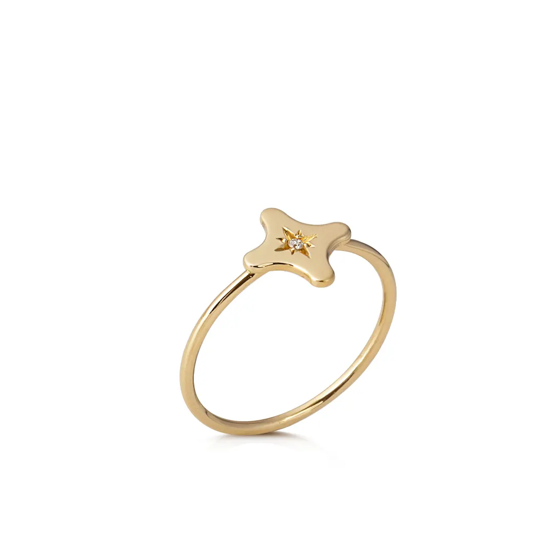 14K Gold Tiny Cross Diamond Star Ring