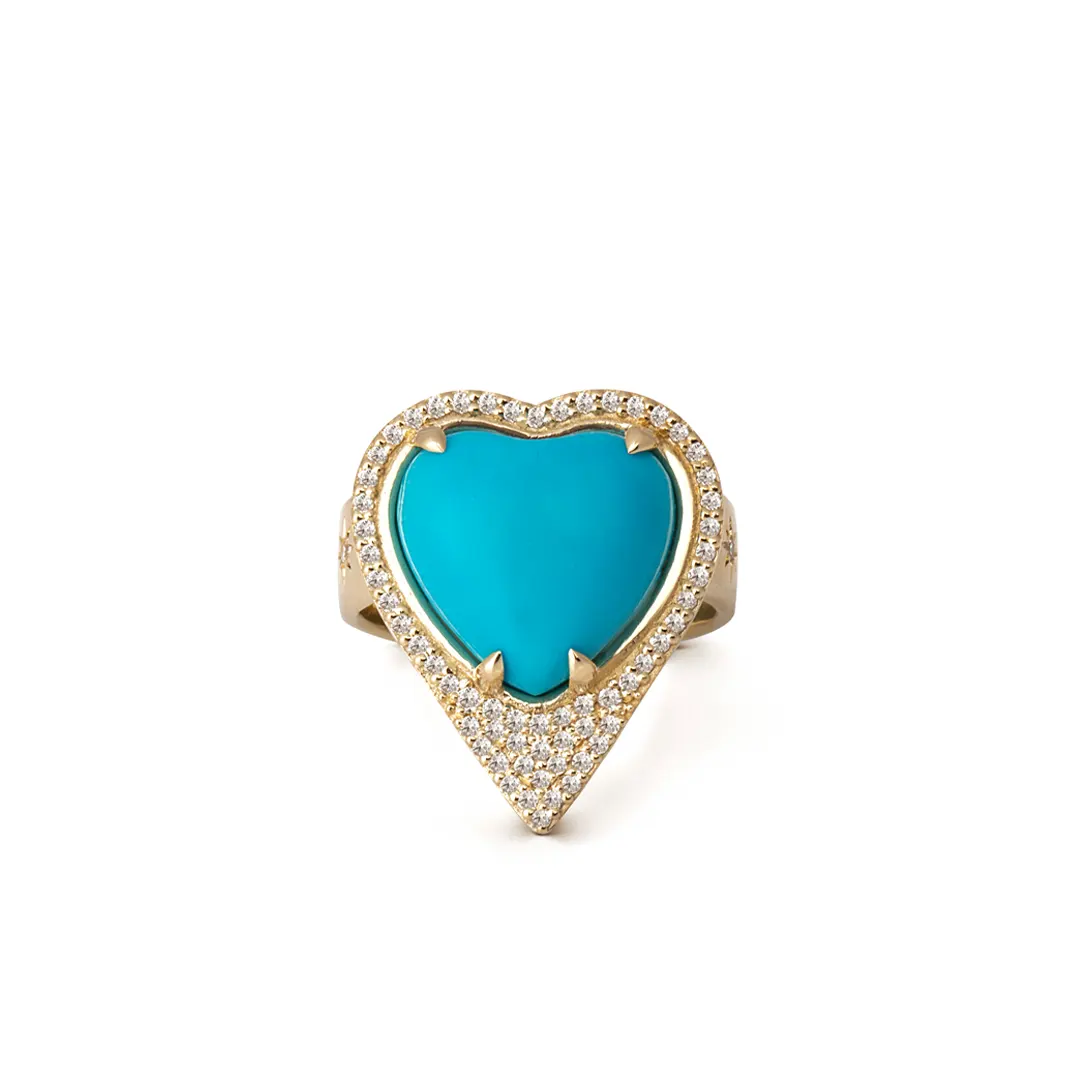 Turquoise Heart Shaped 14K Gold Thick Band Ring  surrounded by Diamonds