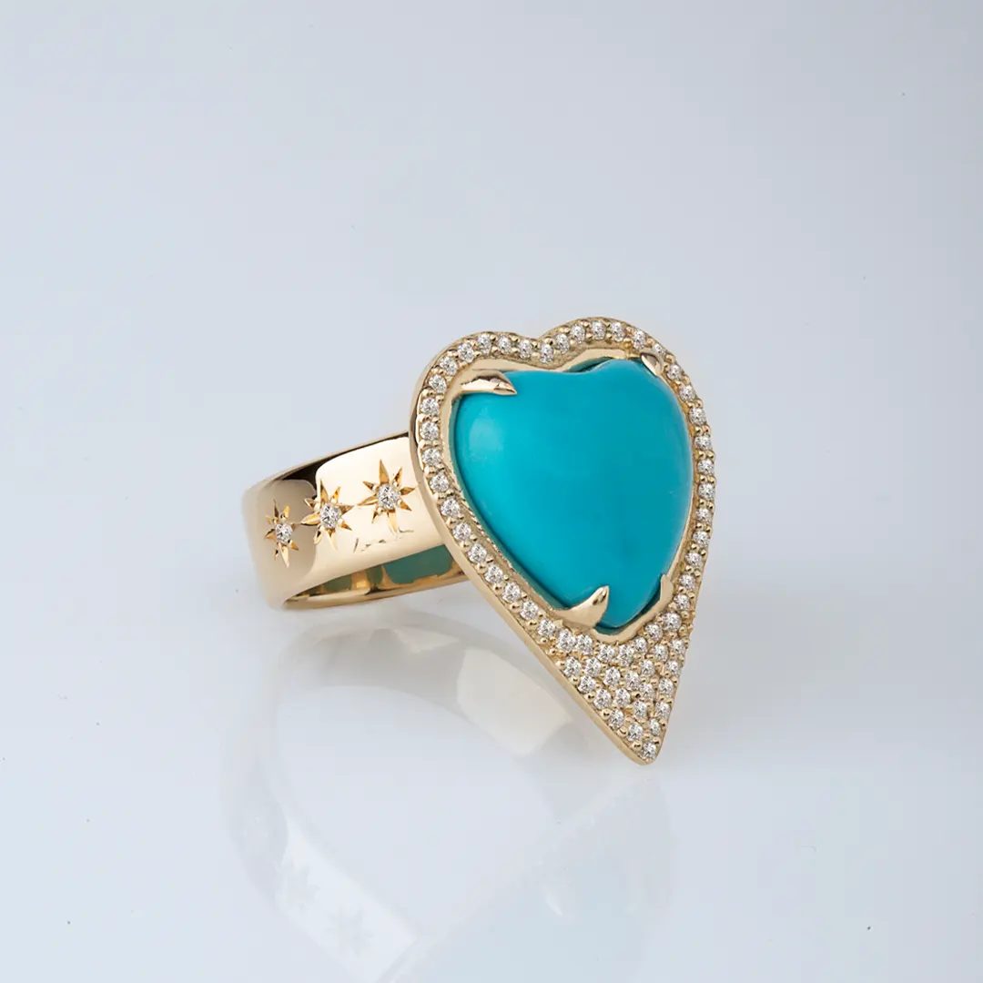 Turquoise Heart Shaped 14K Gold Thick Band Ring  surrounded by Diamonds - Image 2