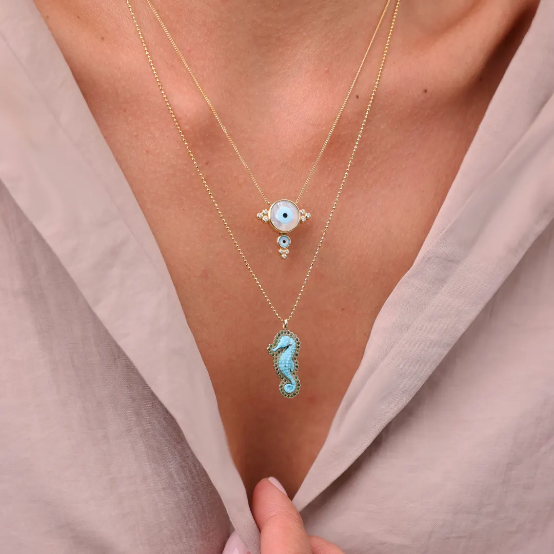 14K Gold Seahorse Necklace with Turquoise and Green Diamonds - Image 2