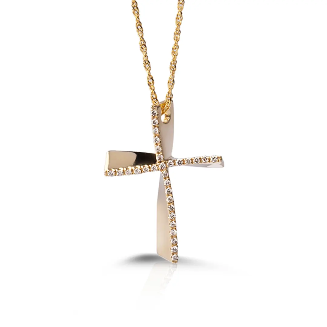Twisted Diamond Gold Cross Pendant, Medium Size