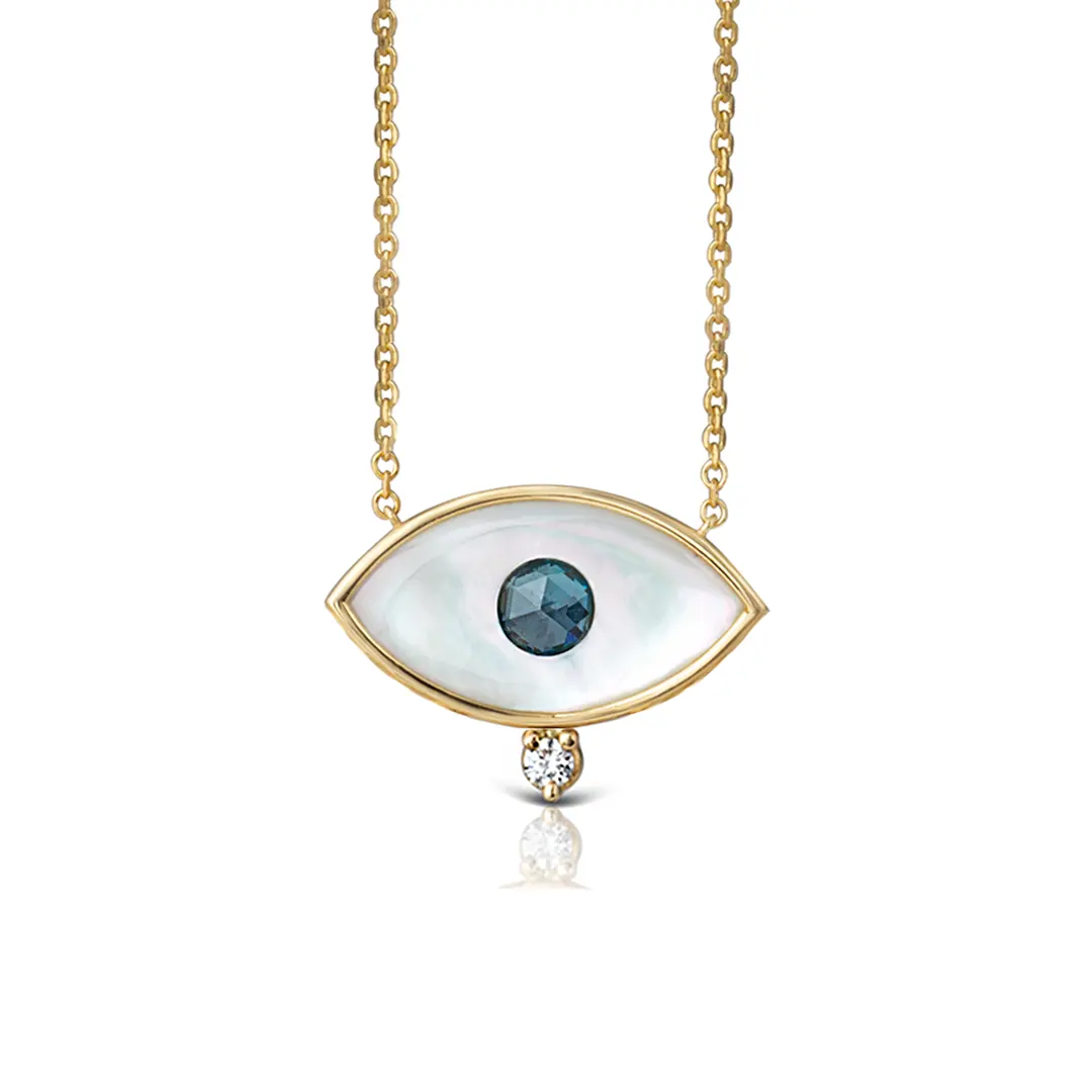 White and Blue Evil Eye 14K Gold Necklace with Diamond