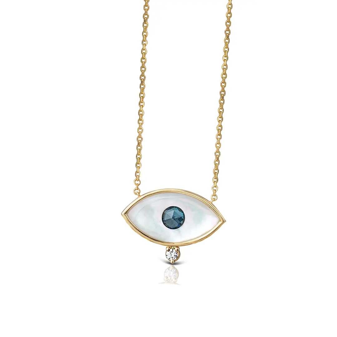 White and Blue Evil Eye 14K Gold Necklace with Diamond - Image 2