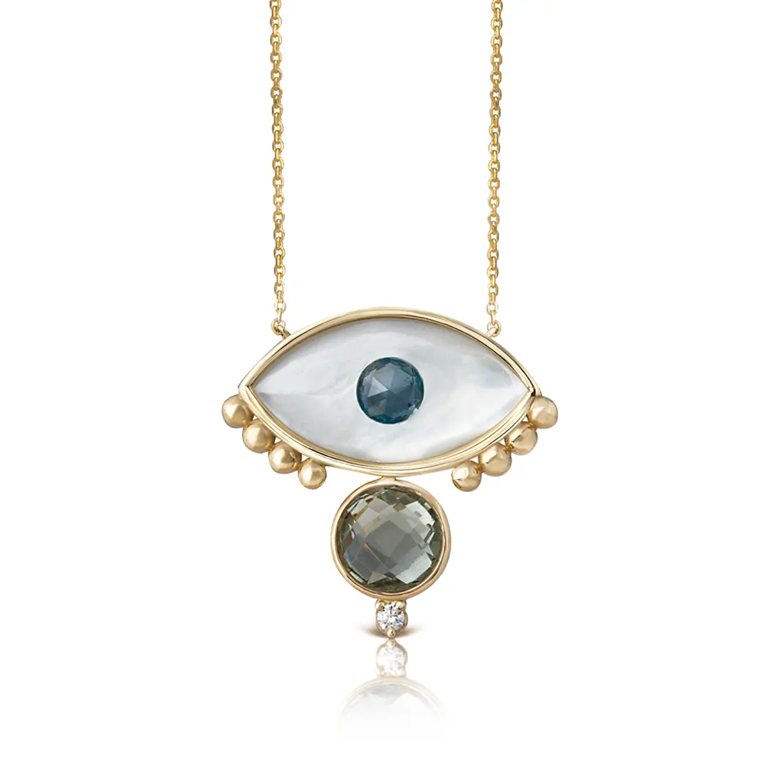 White and Blue Evil Eye 14K Gold Necklace with Gold Dots, Green Amethyst and Diamond