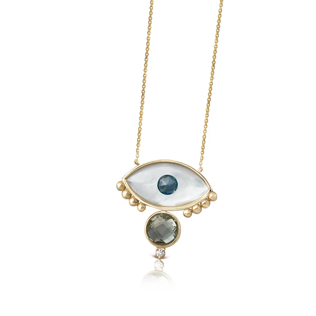 White and Blue Evil Eye 14K Gold Necklace with Gold Dots, Green Amethyst and Diamond - Image 2