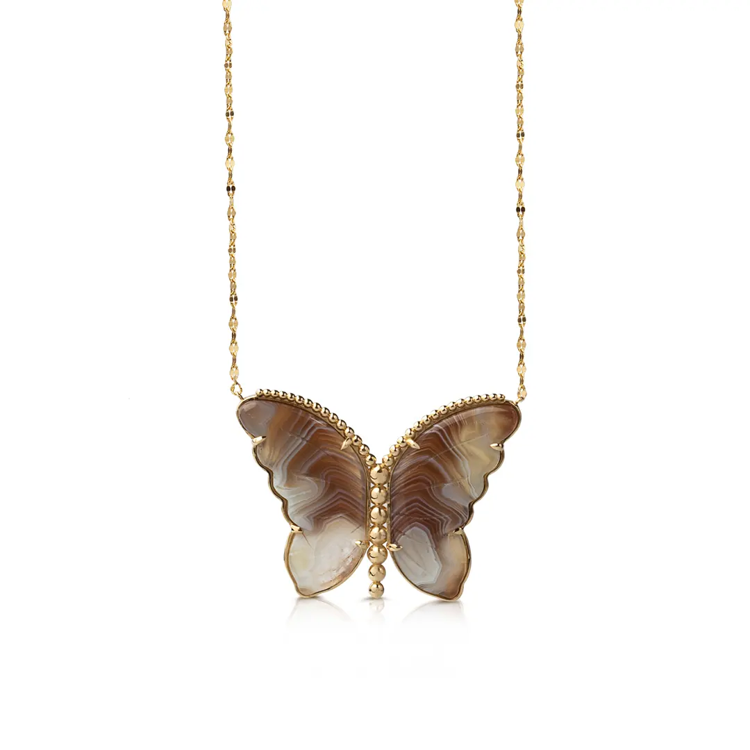 14K Gold Butterfly Necklace with White and Brown Agate and Gold Dots - Image 2